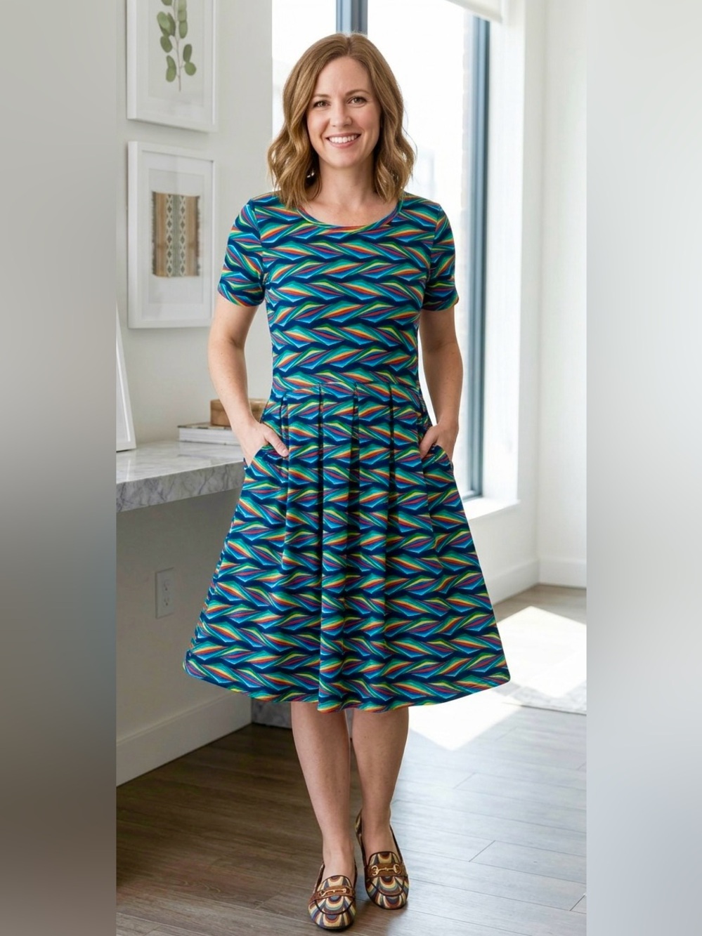 LuLaRoe Amelia Dress Large L – Retro Geometric Chevron Pleated A-Line Pocket